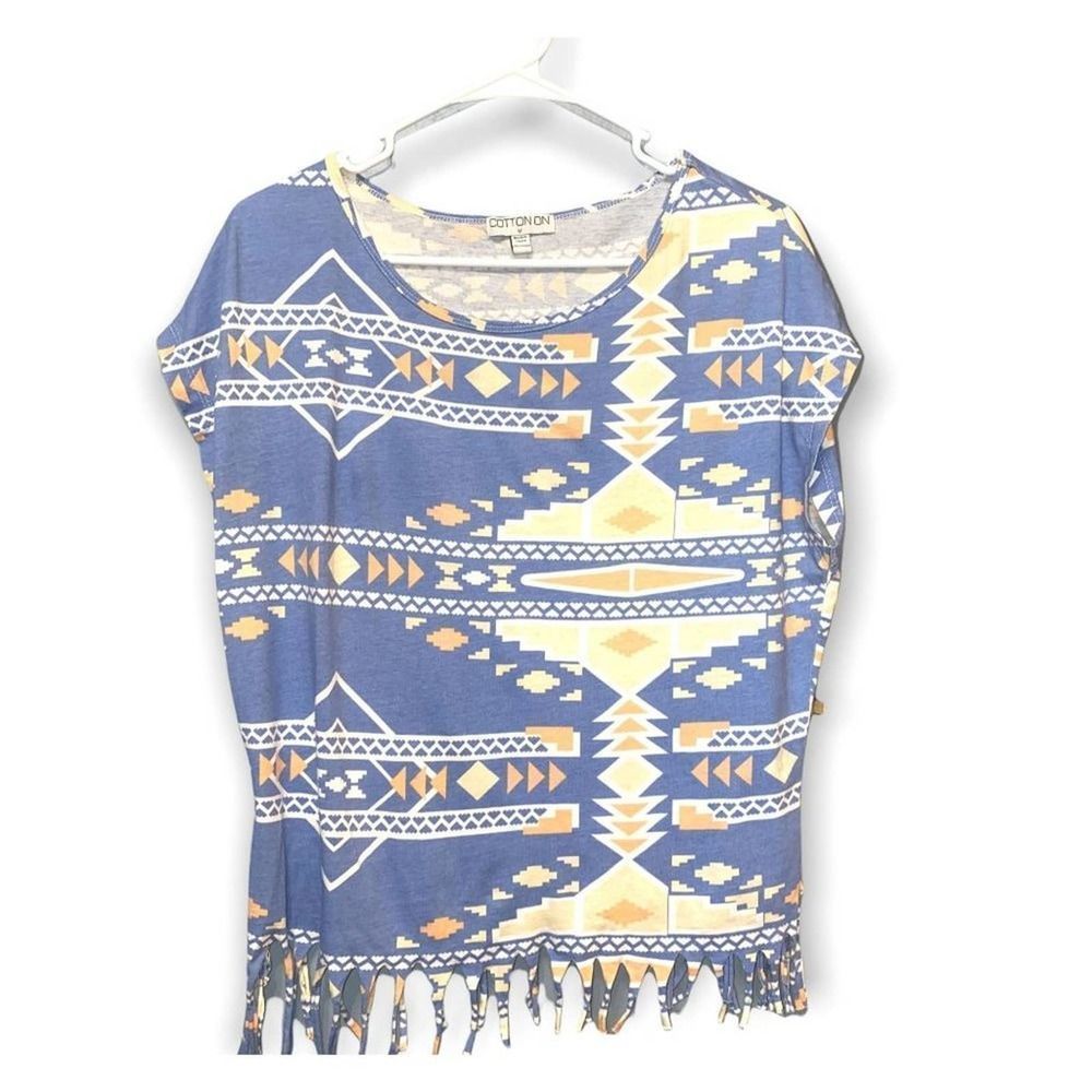Cotton On Fringe Aztec Print Oversized Off Shoulder Top 100% Cotton Size Medium